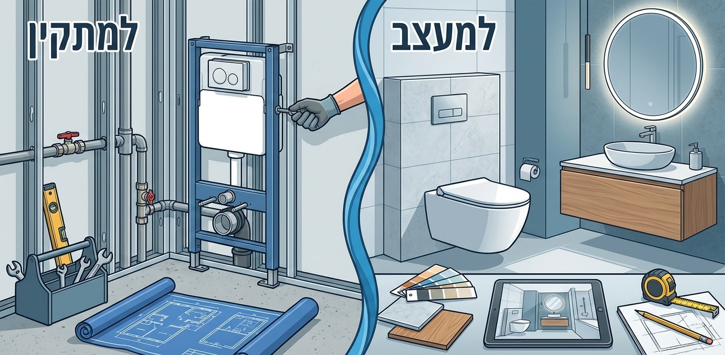 איור מפוצל המציג את שלב ההתקנה מול שלב העיצוב בשיפוץ חדר רחצה. צד שמאל ("למתקין") מראה צנרת חשופה, ניאגרה סמויה, כלי עבודה ותוכניות בנייה. צד ימין ("למעצב") מציג חדר רחצה מעוצב עם אסלה תלויה, ארון כיור, מראה מוארת, דוגמאות צבע וחומרים, וטאבלט עם הדמיה.