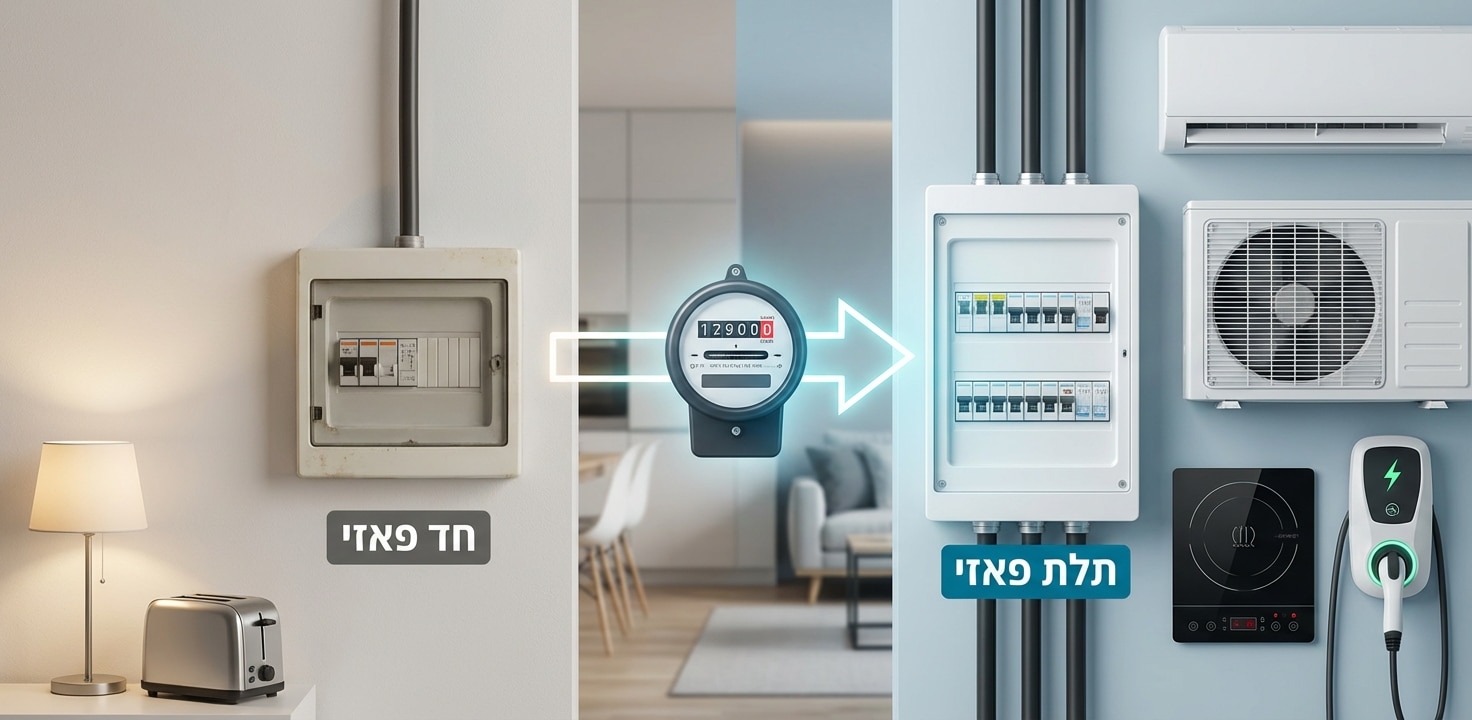 איור המשווה בין חיבור חשמל חד פאזי לחיבור תלת פאזי, ומציג לוחות חשמל ומכשירים אופייניים לכל סוג חיבור כמו מטען לרכב חשמלי ומזגן